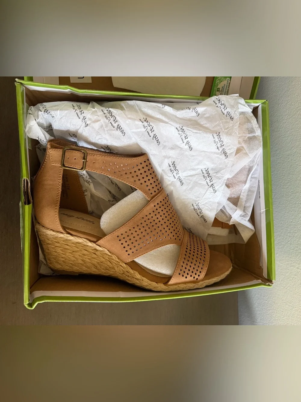 Easy Street Tan Perforated Espadrille Wedge Sandals